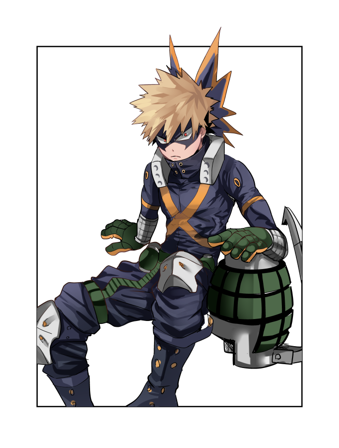 1boy bakugou_katsuki black_bodysuit black_footwear black_mask blonde_hair bodysuit boku_no_hero_academia boots cai_(caiirocai) closed_mouth commentary_request eye_mask feet_out_of_frame frown gloves green_gloves knee_pads looking_at_viewer male_focus red_eyes short_hair simple_background sitting solo spiky_hair white_background