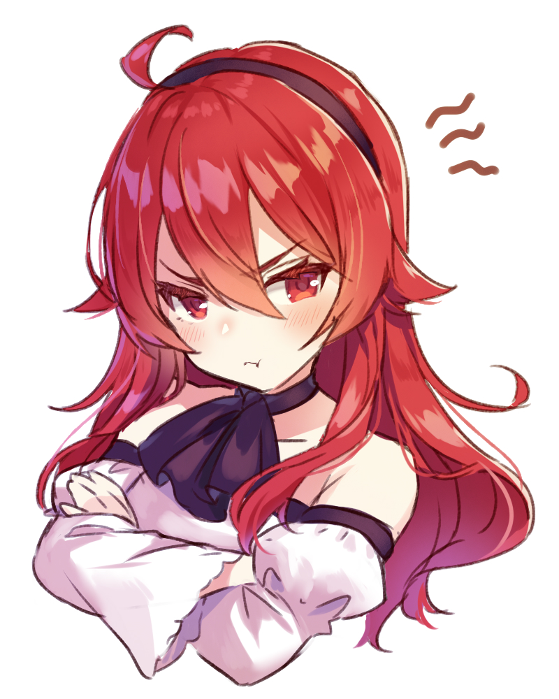 1girl ahoge bangs black_hairband blush bunching_hair crossed_arms crossed_bangs eris_greyrat hair_between_eyes hairband long_hair long_sleeves mushoku_tensei pouty_lips red_eyes redhead reimin thick_eyebrows