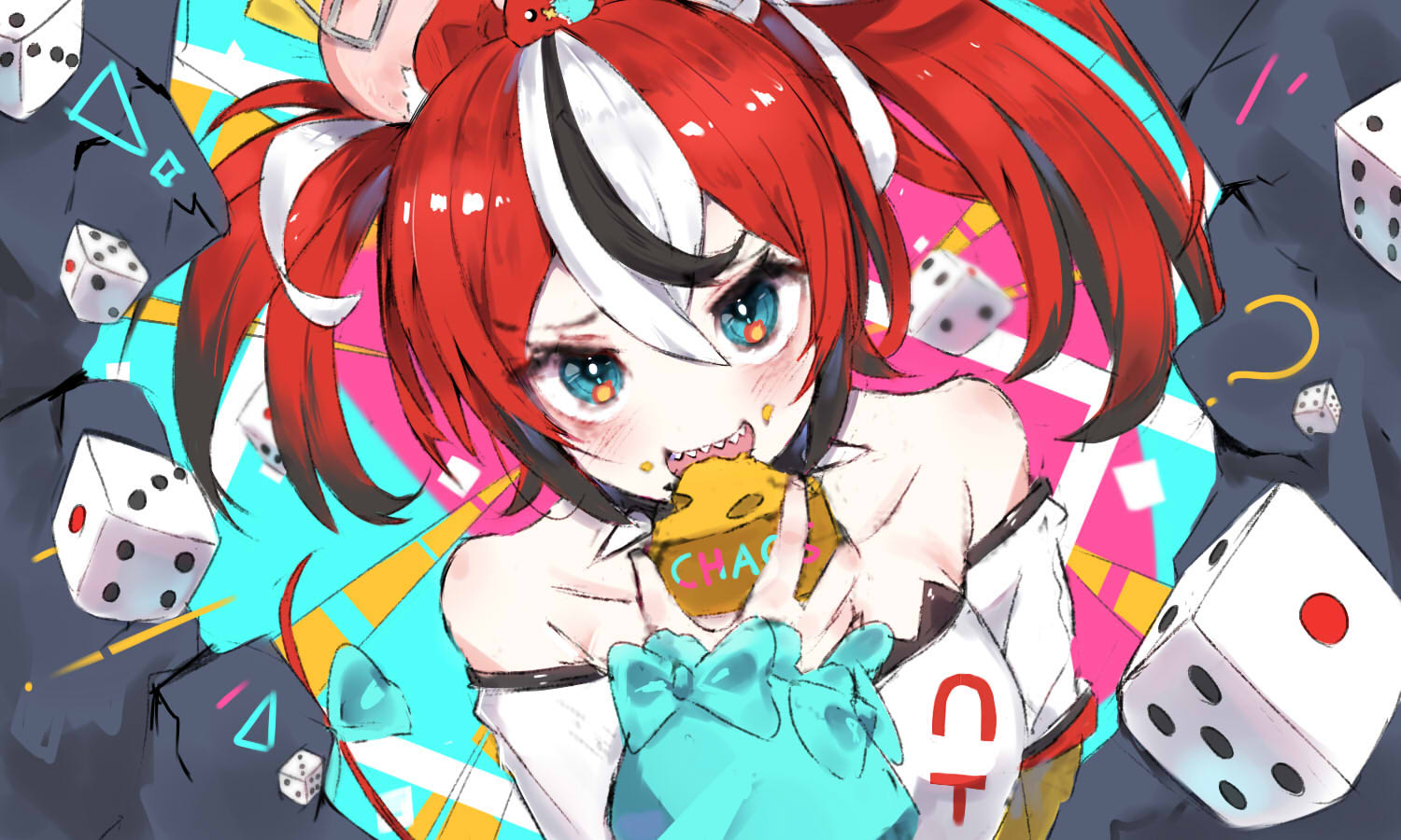 1girl ? animal_ears bare_shoulders black_collar black_hair blue_eyes cheese collar crop_top detached_sleeves dice eating ememo food hakos_baelz hololive hololive_english long_sleeves looking_at_viewer mouse_ears mouse_girl mouse_on_head mouse_tail mousetrap mr._squeaks_(hakos_baelz) multicolored_background multicolored_hair off-shoulder_shirt off_shoulder redhead ribbon shirt solo spiked_collar spikes strapless strapless_shirt streaked_hair tail tail_ornament tail_ribbon twintails virtual_youtuber white_hair