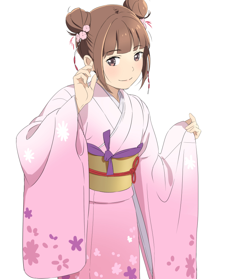 1girl bad_id bad_twitter_id blush brown_eyes brown_hair cowboy_shot double_bun flower gradient_kimono hair_flower hair_ornament hiyori_mizuki inactive_account japanese_clothes kimono medium_hair obi original pink_kimono sash sidelocks simple_background smile solo white_background wide_sleeves