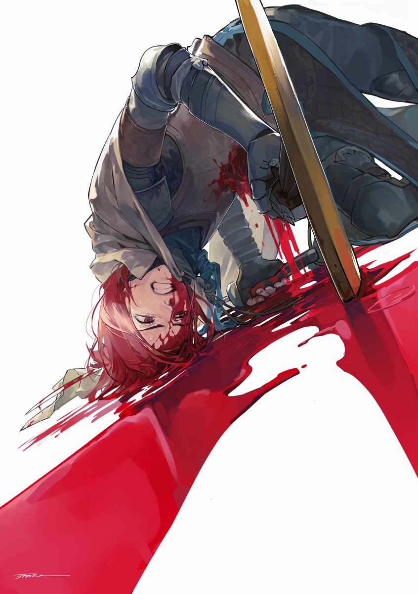 1girl armor bangs blood clenched_teeth elden_ring from_side grey_background highres holding injury looking_at_viewer redhead ruint shield shiny shiny_hair simple_background solo sword teeth weapon