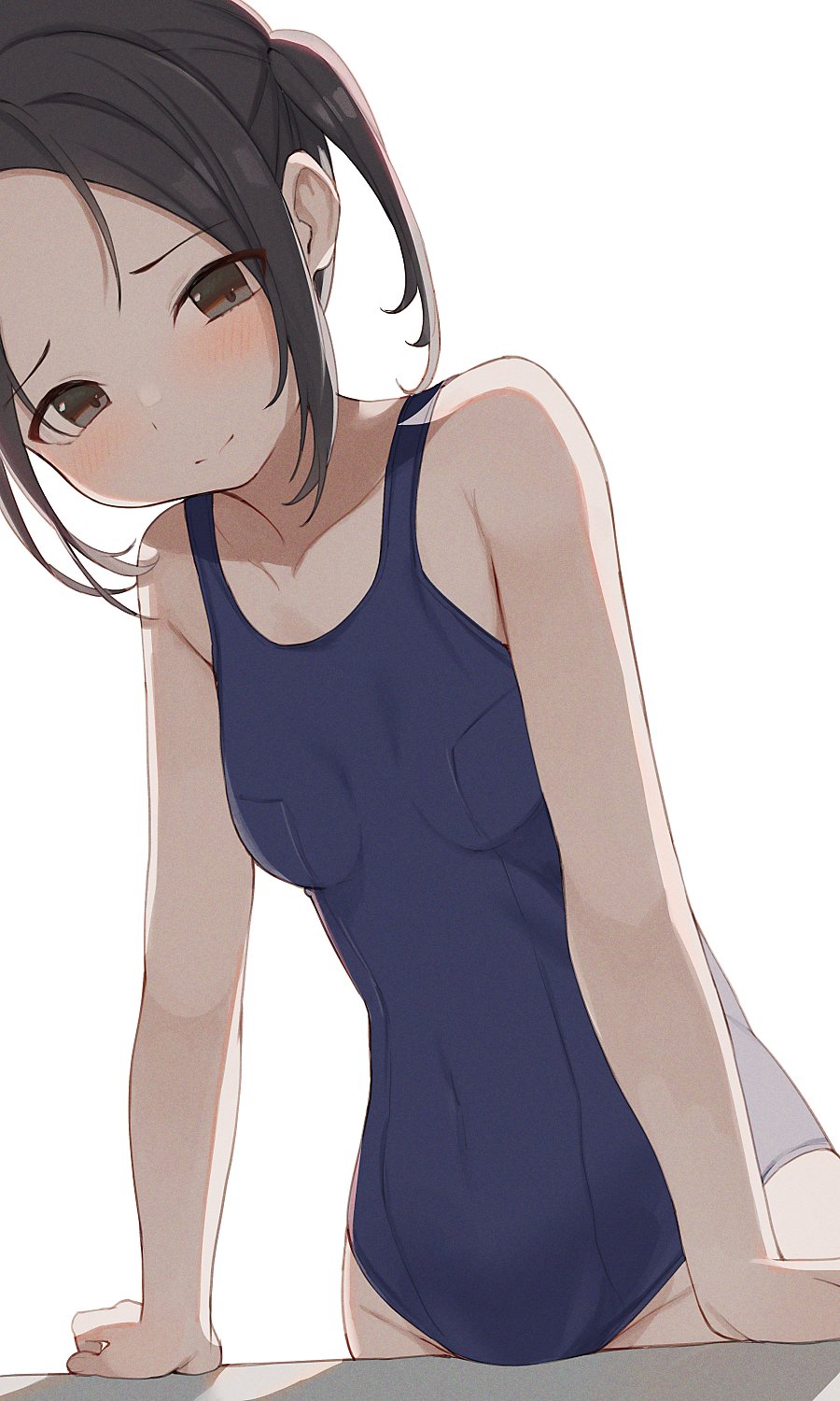 1girl arm_support bangs black_eyes black_hair blue_swimsuit blush breasts closed_mouth collarbone eyebrows forehead groin highres hiroki_(yyqw7151) looking_at_viewer original school_swimsuit short_hair side_ponytail small_breasts swimsuit table white_background