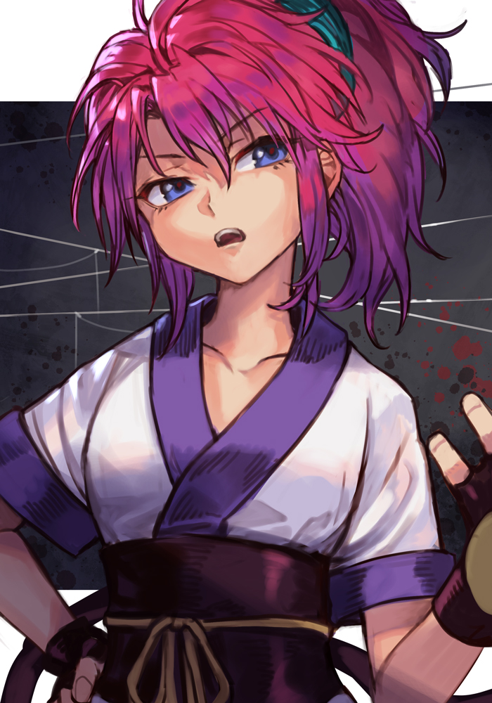 1girl bangs black_gloves black_sash blue_eyes collarbone fingerless_gloves gloves hair_ornament hair_scrunchie hand_on_hip hand_up hankuri hunter_x_hunter japanese_clothes kimono machi_(hunter_x_hunter) medium_hair messy_hair obi obijime open_mouth pink_hair sash scrunchie short_sleeves solo upper_body white_kimono