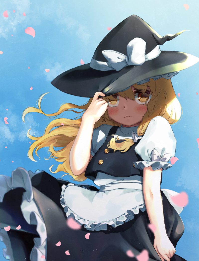 1girl apron ari_don blonde_hair blush bow braid cherry_blossoms clouds day falling_petals from_below hand_on_headwear hat hat_bow kirisame_marisa light_smile long_hair looking_at_viewer petals petticoat puffy_short_sleeves puffy_sleeves rose_petals shirt short_sleeves skirt sky solo tears touhou waist_apron witch_hat yellow_eyes
