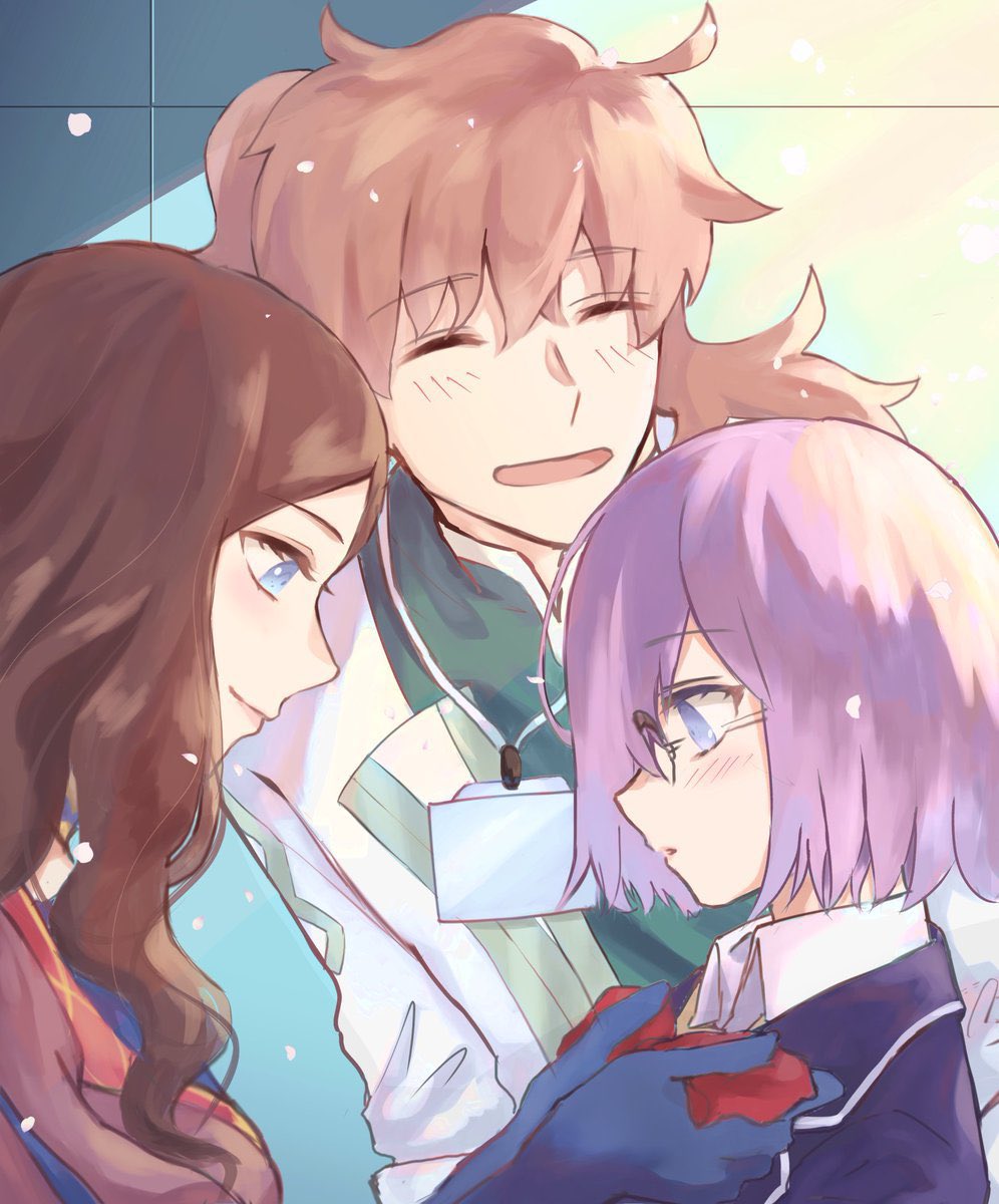 1boy 2girls adjusting_another's_clothes alternate_costume bangs blue_eyes blue_gloves blue_jacket blush bow bowtie brown_hair closed_eyes closed_mouth commentary_request elbow_gloves eyebrows_visible_through_hair fate/grand_order fate_(series) glasses gloves highres id_card jacket labcoat leonardo_da_vinci_(fate) light_purple_hair long_hair maru_(ma-ru8) mash_kyrielight multiple_girls official_alternate_costume open_mouth orange_hair ponytail portrait red_bow romani_archaman school_uniform short_hair smile uniform upper_body violet_eyes wavy_hair
