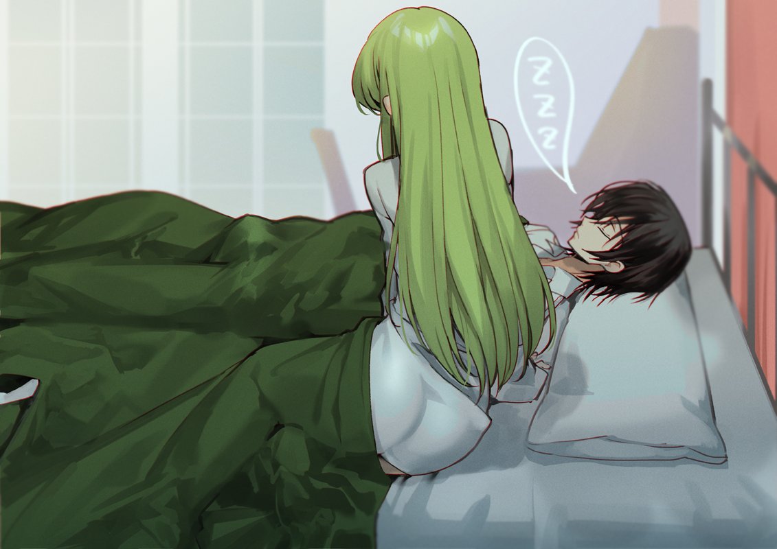 1boy 1girl bangs bed bed_sheet black_hair c.c. closed_eyes closed_mouth code_geass collared_shirt commentary couple creayus from_behind green_hair hair_between_eyes head_on_pillow indoors lelouch_lamperouge long_hair lying morning_wood nightgown on_back on_bed shirt sleeping spoken_zzz straight_hair under_covers white_shirt zzz