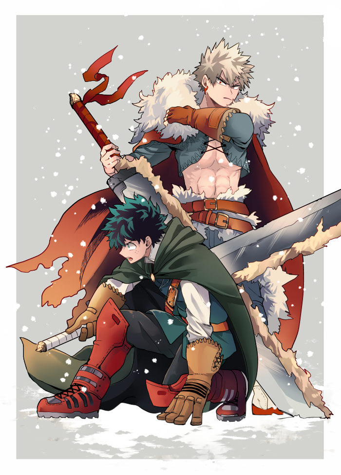 2boys bakugou_katsuki belt black_pants blonde_hair boku_no_hero_academia boots border brown_belt brown_gloves cai_(caiirocai) cape commentary_request earrings freckles frown fur-trimmed_cape fur_trim gloves green_cape green_eyes green_hair green_shirt grey_background grey_pants hand_on_ground holding holding_sword holding_weapon huge_weapon jewelry long_sleeves male_focus midoriya_izuku multiple_boys official_alternate_costume open_mouth outside_border pants red_cape red_eyes red_footwear shirt short_hair simple_background spiky_hair standing sword toned toned_male weapon white_border