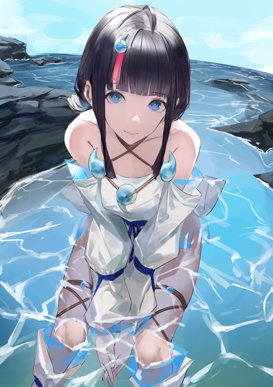 1girl bangs bare_shoulders black_hair blazpu blue_eyes blue_ribbon blue_sky breasts collarbone detached_leggings dress fate/grand_order fate/requiem fate_(series) fundoshi highres japanese_clothes jewelry large_breasts long_sleeves looking_at_viewer magatama magatama_hair_ornament magatama_necklace medium_hair multicolored_hair necklace ocean pelvic_curtain pink_hair puffy_long_sleeves puffy_sleeves ribbon rock short_dress sideboob sideless_outfit sitting sky solo streaked_hair thighs utsumi_erise white_dress white_legwear