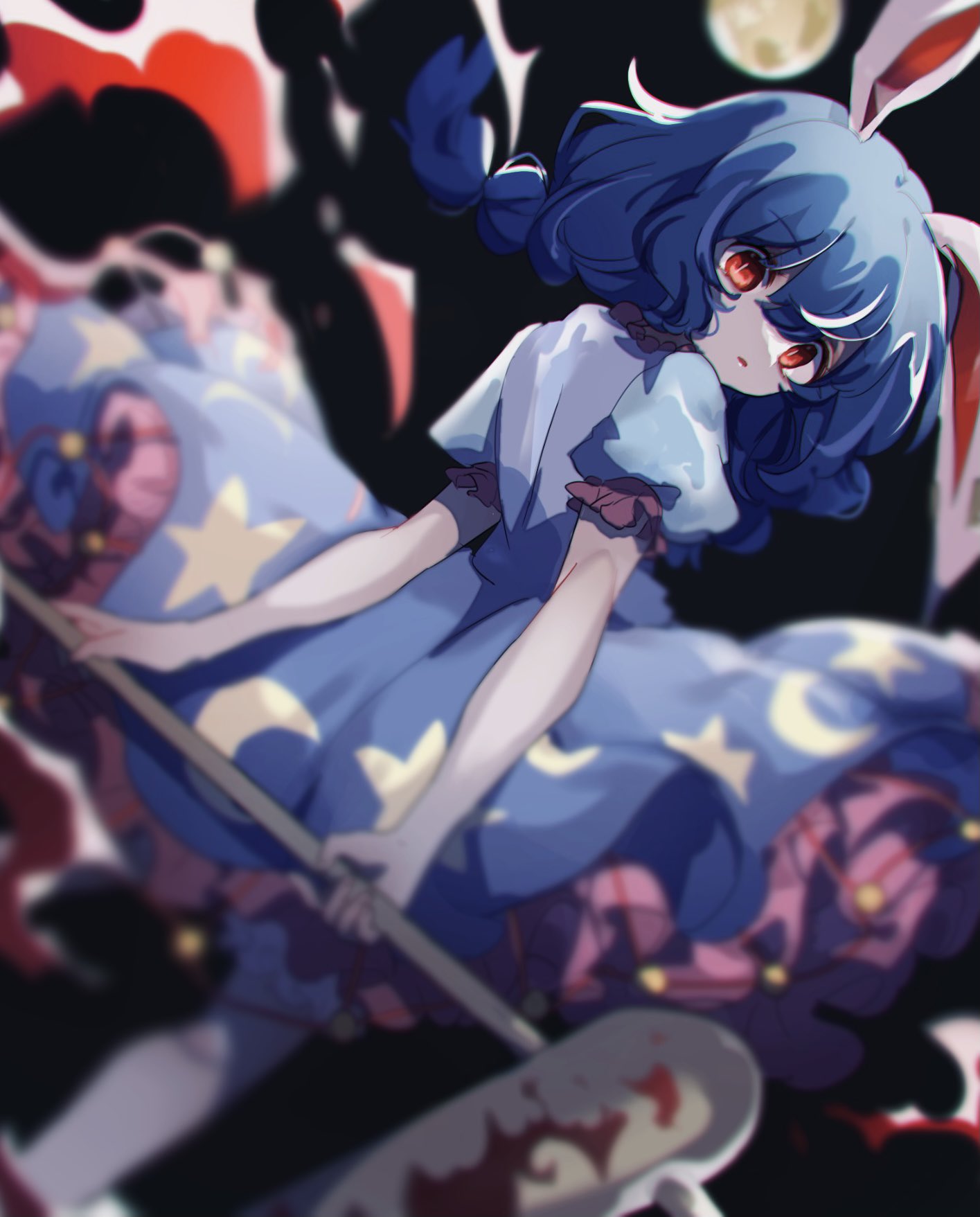 1girl animal_ears ayahi_4 back bangs black_sky blood blood_on_weapon bloomers blue_dress blue_hair blurry braid commentary_request crescent_print dress eyebrows_visible_through_hair eyes_visible_through_hair frills from_behind hair_between_eyes hair_ornament hammer highres leg_up looking_at_viewer looking_back medium_hair moon night night_sky open_mouth puffy_short_sleeves puffy_sleeves rabbit_ears red_eyes seiran_(touhou) short_sleeves sky solo standing standing_on_one_leg star_(symbol) star_print touhou twin_braids underwear weapon