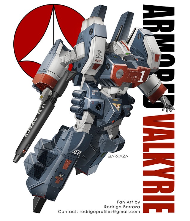 artist_name choujikuu_yousai_macross english_commentary gun gunpod holding holding_gun holding_weapon looking_down macross mecha no_humans open_hand rodrigo_barraza roundel science_fiction skull_and_crossbones solo vf-1 vf-1j vf-1j_armored visor weapon white_background