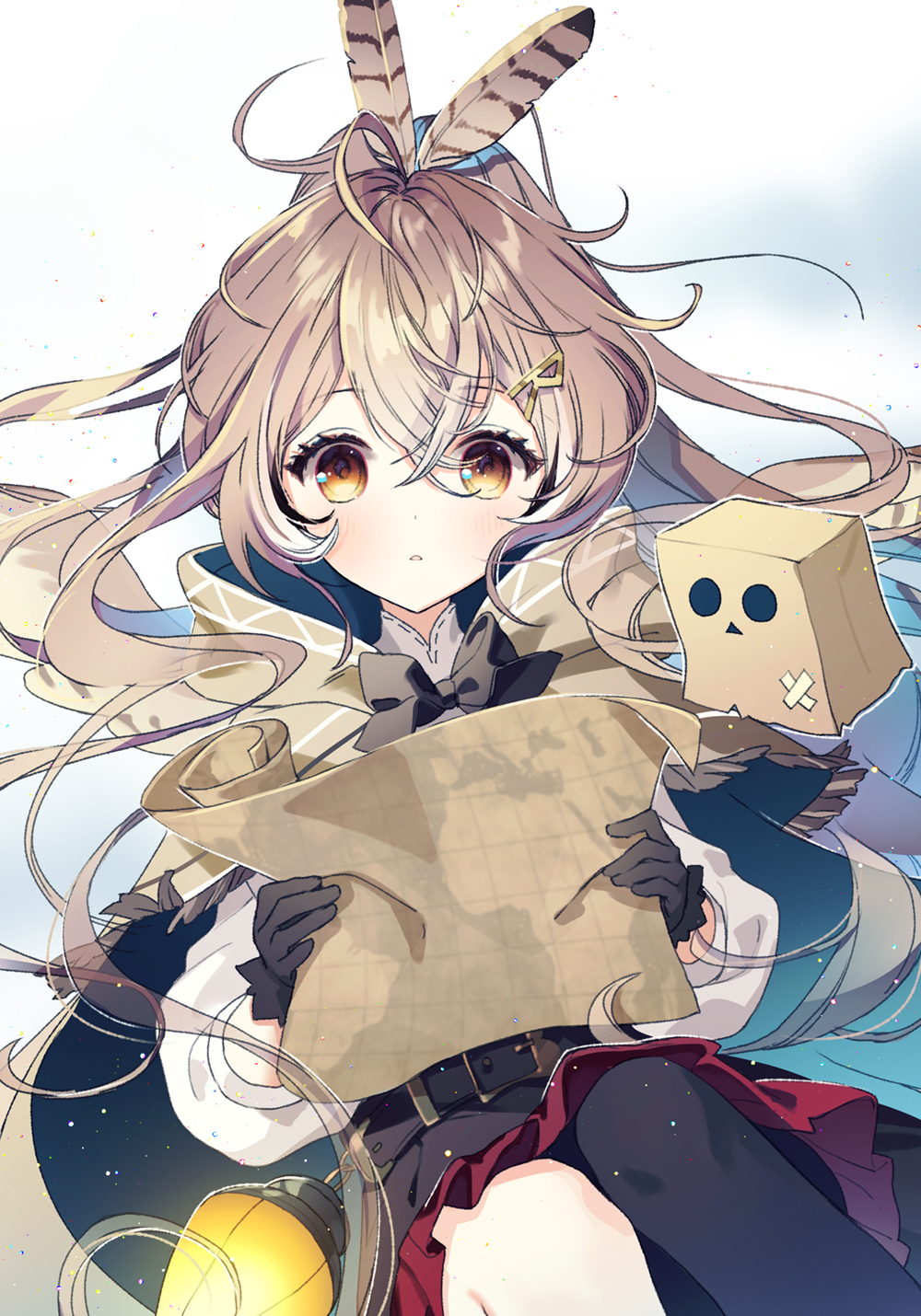 1girl :o ahoge bag bangs brown_capelet brown_cloak brown_corset brown_eyes brown_hair cape capelet cloak corset crossed_bandaids feather_hair_ornament feathers floating_hair friend_(nanashi_mumei) gloves hair_ornament hairclip highres hololive hololive_english lantern long_hair looking_at_viewer map multicolored_hair nanashi_mumei paper_bag pleated_skirt ponytail red_skirt ribbon rumi_(rarumi11) shirt single_thighhigh skirt streaked_hair thigh-highs very_long_hair virtual_youtuber white_shirt wings yellow_eyes