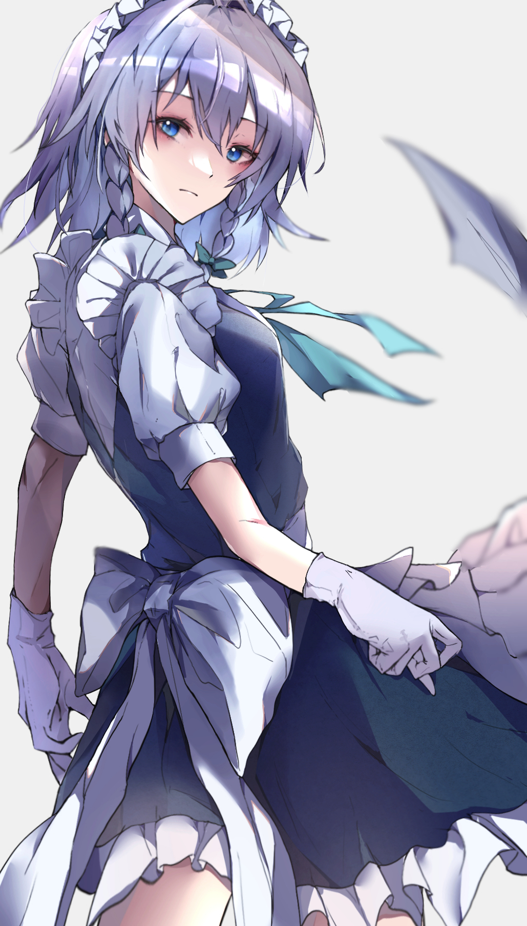 1girl bangs blue_eyes blurry bow braid closed_mouth depth_of_field from_side gloves green_bow grey_background grey_hair hair_bow highres izayoi_sakuya krs_(kqrqsi) looking_at_viewer maid maid_headdress petticoat side_braids simple_background solo touhou twin_braids white_gloves