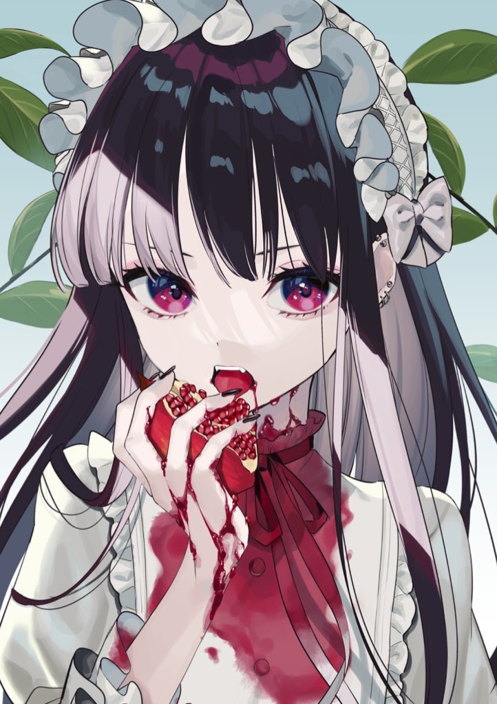 1girl 786(nayam) bangs black_hair black_nails blunt_bangs bonnet bow ear_piercing earrings eating eyebrows_behind_hair fangs food frills fruit gradient gradient_background holding holding_food holding_fruit jewelry juice lolita_fashion long_hair looking_at_viewer multicolored_hair nail_polish open_mouth original piercing pomegranate red_eyes red_ribbon ribbon simple_background solo teeth tongue tongue_out upper_body vampire violet_eyes