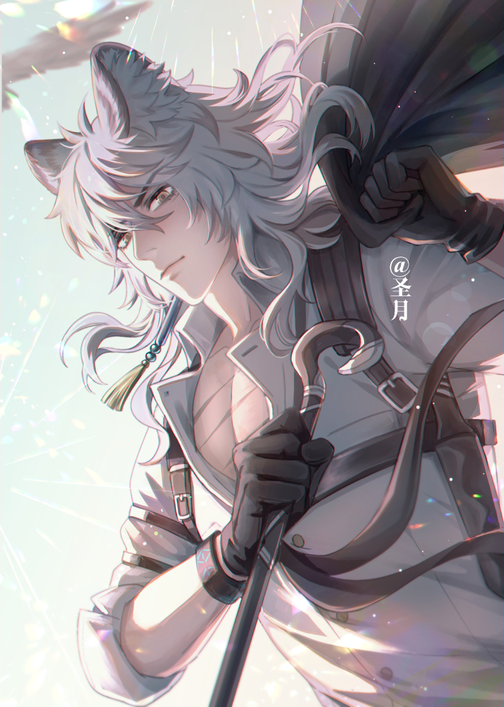 1boy animal_ears arknights bishounen black_gloves brown_eyes fox_boy fox_ears gloves holding knife long_hair looking_at_viewer male_focus open_clothes open_shirt serious shengyue shirt silverash_(arknights) sleeves_rolled_up solo suspenders upper_body white_hair white_shirt