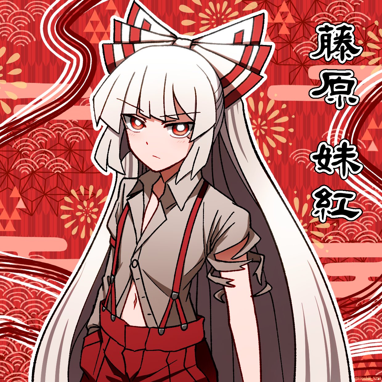 1girl bangs blush bow buttons closed_mouth clouds collared_shirt commentary_request eyebrows_visible_through_hair fireworks fujiwara_no_mokou gradient gradient_hair grey_hair grey_shirt hand_in_pocket highres hoshii_1213 juliet_sleeves long_hair long_sleeves looking_at_viewer multicolored_hair navel pants pocket puffy_long_sleeves puffy_sleeves red_background red_bow red_eyes red_pants shirt short_sleeves solo standing touhou translation_request triangle v-shaped_eyebrows waves white_bow white_hair