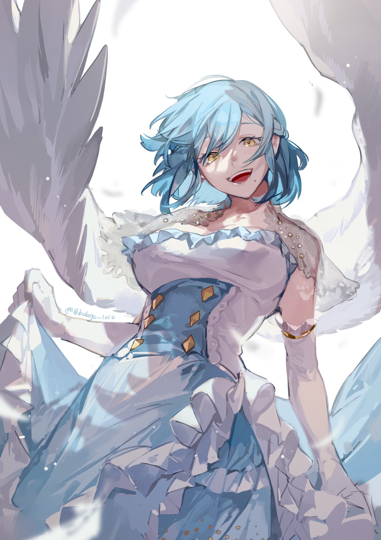 1girl bangs bare_shoulders blue_hair bokyo clothes_lift dress dress_lift elbow_gloves feathered_wings gloves highres looking_at_viewer moira_(nijisanji) mole mole_under_mouth nijisanji open_mouth short_hair smile solo virtual_youtuber white_dress wings yellow_eyes