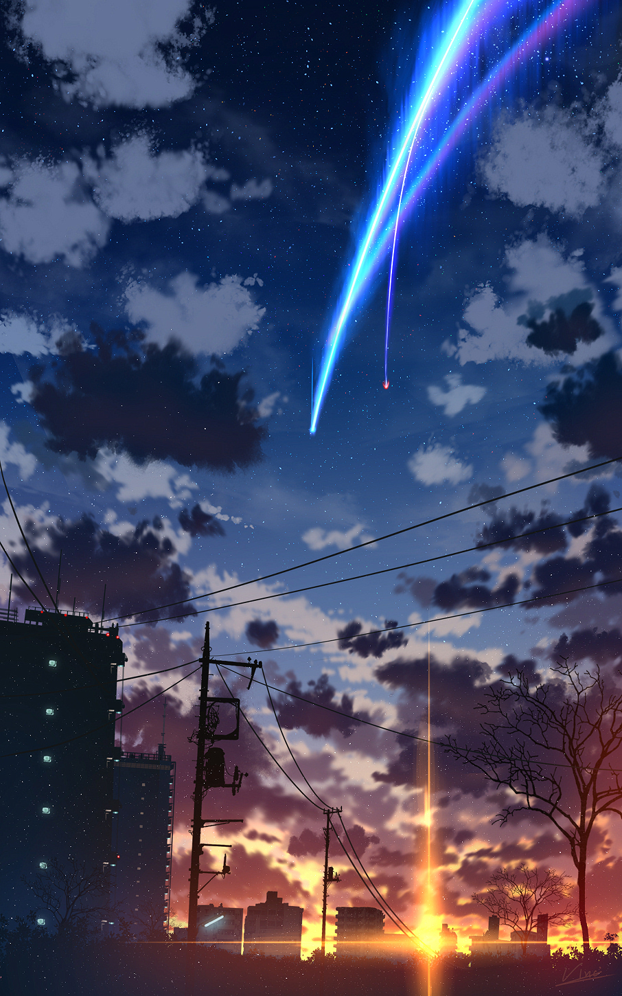 building cityscape clouds cloudy_sky commentary gradient_sky highres kimi_no_na_wa. lens_flare no_humans outdoors power_lines scenery shooting_star sky sparkle star_(sky) starry_sky sunset tree utility_pole vinci_v7