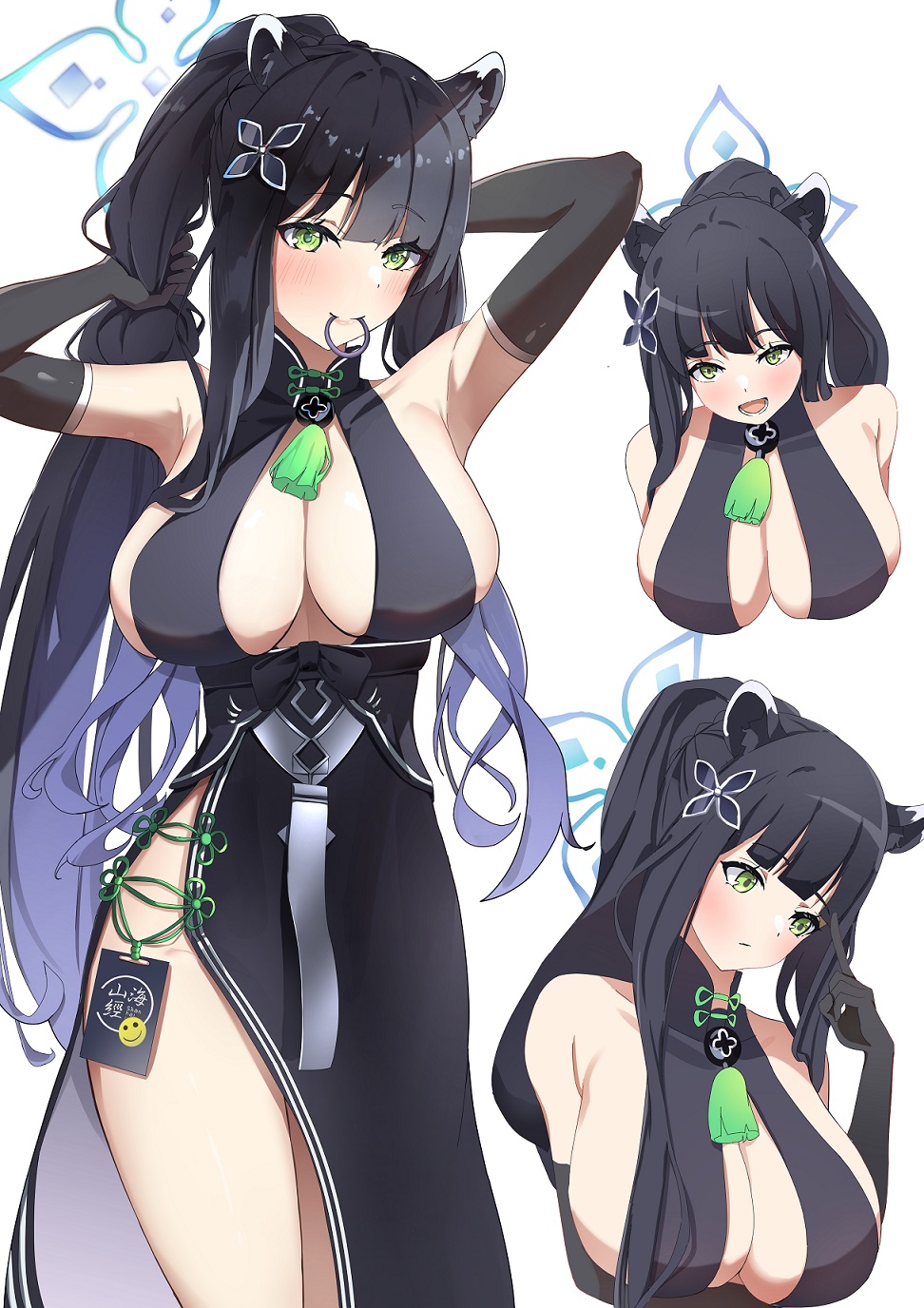 1girl band_(skymole01) bangs bare_shoulders black_dress black_gloves black_hair blue_archive blush breasts dress elbow_gloves eyebrows_visible_through_hair gloves green_eyes hair_ornament highres large_breasts looking_at_viewer multiple_views open_mouth ponytail shun_(blue_archive) sideboob smile thighs white_background