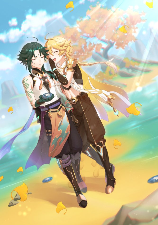 2boys aether_(genshin_impact) ahoge ar_(rikuesuto) arm_tattoo bangs beach bead_necklace beads black_hair blonde_hair braid closed_eyes closed_mouth clouds cloudy_sky crop_top facial_mark forehead_mark genshin_impact gloves green_gloves green_hair hair_between_eyes holding jewelry long_hair multicolored_hair multiple_boys necklace open_mouth pants simple_background sky tattoo tree twitter_username xiao_(genshin_impact)
