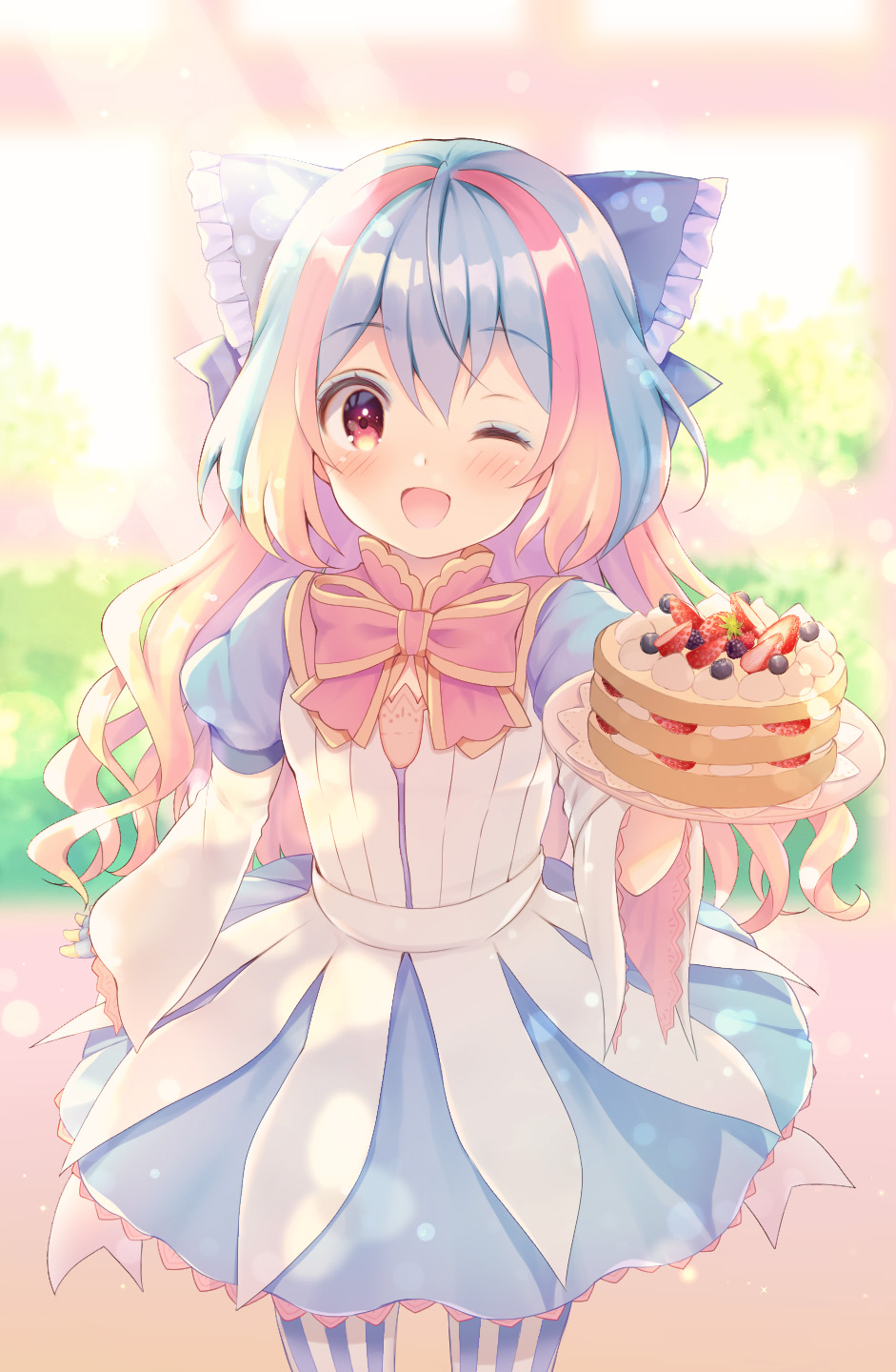1girl ;d bangs blue_dress blue_hair blurry blurry_background blush bow cake commentary_request depth_of_field dress eyebrows_visible_through_hair food fruit gloves hair_between_eyes highres holding holding_plate kuroe_(sugarberry) layered_sleeves little_alice_(wonderland_wars) long_sleeves multicolored_hair one_eye_closed pantyhose pink_bow pink_hair plate puffy_short_sleeves puffy_sleeves red_eyes short_over_long_sleeves short_sleeves sleeves_past_wrists smile solo standing strawberry striped striped_gloves striped_legwear two-tone_hair vertical-striped_legwear vertical_stripes wide_sleeves wonderland_wars