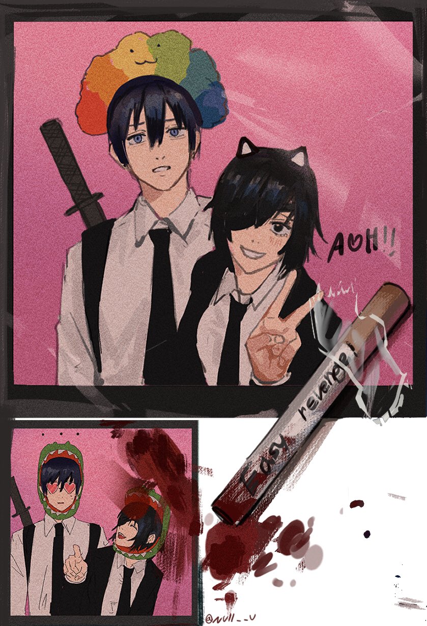 ... 1boy 1girl :3 animal_ears bangs black_hair black_jacket black_necktie black_pants blood blood_on_paper border cat_ears chainsaw_man cigarette closed_eyes clown_wig dinosaur_hood eyepatch formal hair_between_eyes hayakawa_aki heart highres himeno_(chainsaw_man) jacket katana laughing looking_at_viewer necktie null_(skev7724) pants photo_(object) pink_background short_hair simple_background smile standing strap suit suit_jacket sword tape topknot v weapon weapon_on_back