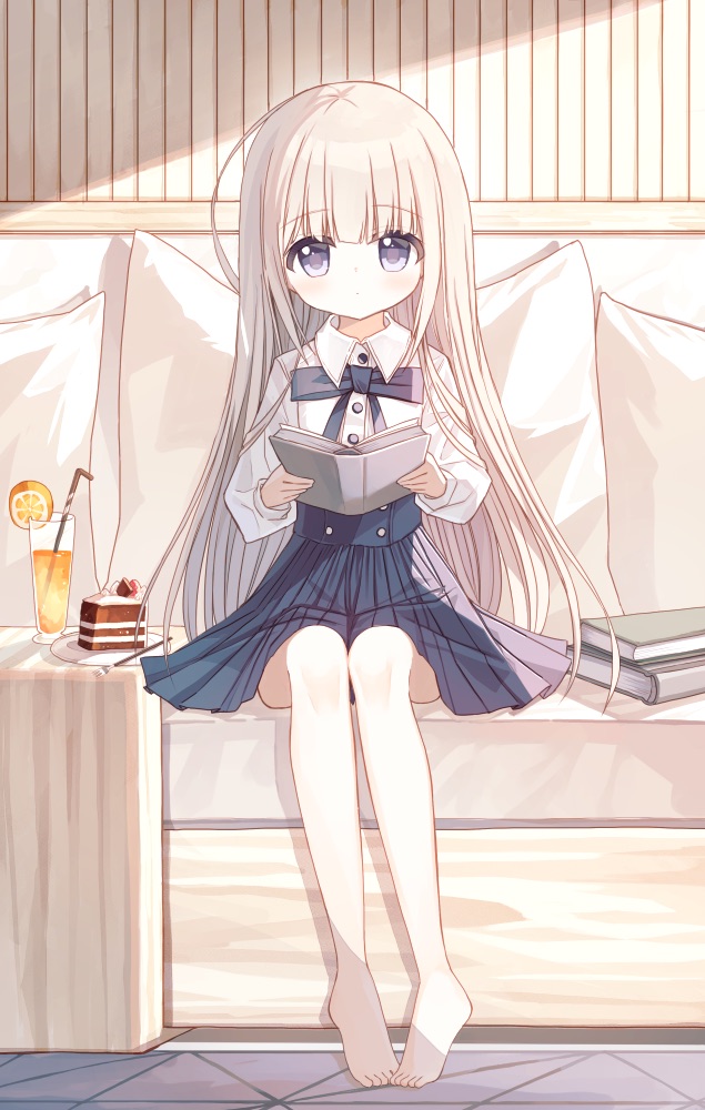 1girl bangs barefoot bendy_straw blue_bow blue_eyes blue_skirt book book_stack bow cake cake_slice collared_shirt commentary_request cup dress_shirt drink drinking_glass drinking_straw eyebrows_visible_through_hair food full_body holding holding_book light_brown_hair long_hair looking_at_viewer open_book original pillow pleated_skirt shirt sitting skirt solo very_long_hair white_shirt yuuhagi_(amaretto-no-natsu)