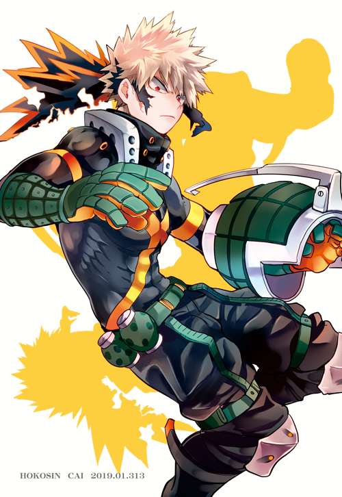 1boy artist_name bakugou_katsuki black_bodysuit black_mask blonde_hair bodysuit boku_no_hero_academia boots cai_(caiirocai) closed_mouth commentary_request dated eye_mask frown gloves green_belt green_footwear green_gloves knee_pads looking_at_viewer male_focus multicolored_clothes multicolored_gloves orange_gloves red_eyes short_hair simple_background solo spiky_hair torn_mask white_background