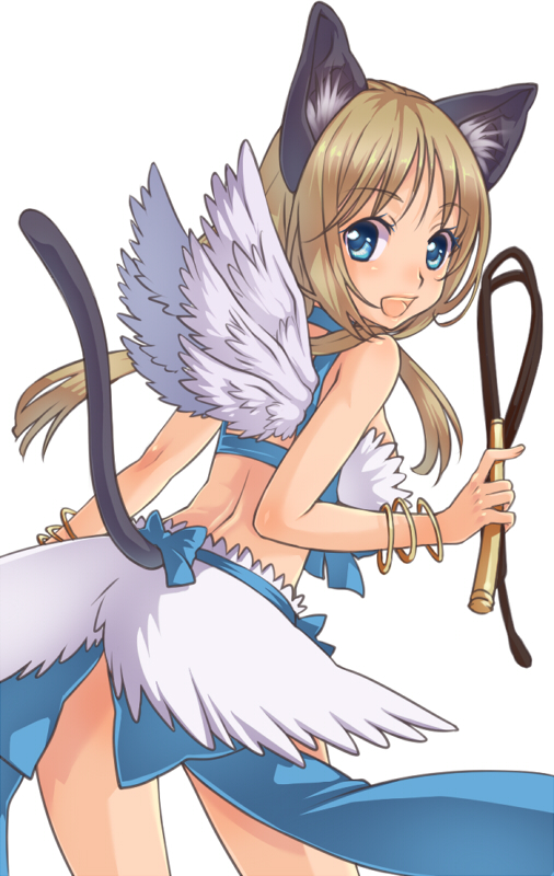 1girl alternate_color animal_ear_fluff animal_ears back bangle bangs blonde_hair blue_background blue_eyes blush bow bracelet breasts cat_ears cat_tail commentary_request cowboy_shot eyebrows_visible_through_hair feathered_wings holding holding_whip jewelry kawagoe_pochi large_bow large_breasts long_hair looking_at_viewer looking_back open_mouth ragnarok_online simple_background smile solo tail twintails wanderer_(ragnarok_online) whip white_background white_wings wings