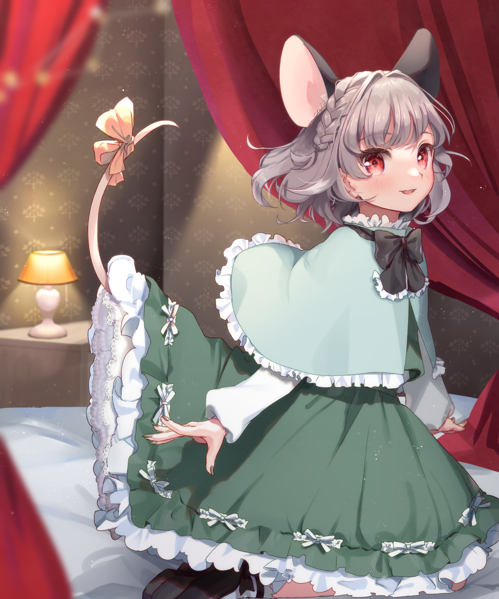 1girl :d alternate_hairstyle animal_ears ari_don bangs blurry blush bow braid capelet curtains depth_of_field dress embellished_costume eyebrows_visible_through_hair french_braid frills grey_hair hair_intakes highres indoors jewelry lamp long_sleeves looking_at_viewer mouse_ears mouse_tail nazrin parted_lips petticoat pillow red_eyes ribbon short_hair smile solo tail tail_bow tail_ornament tail_ribbon touhou