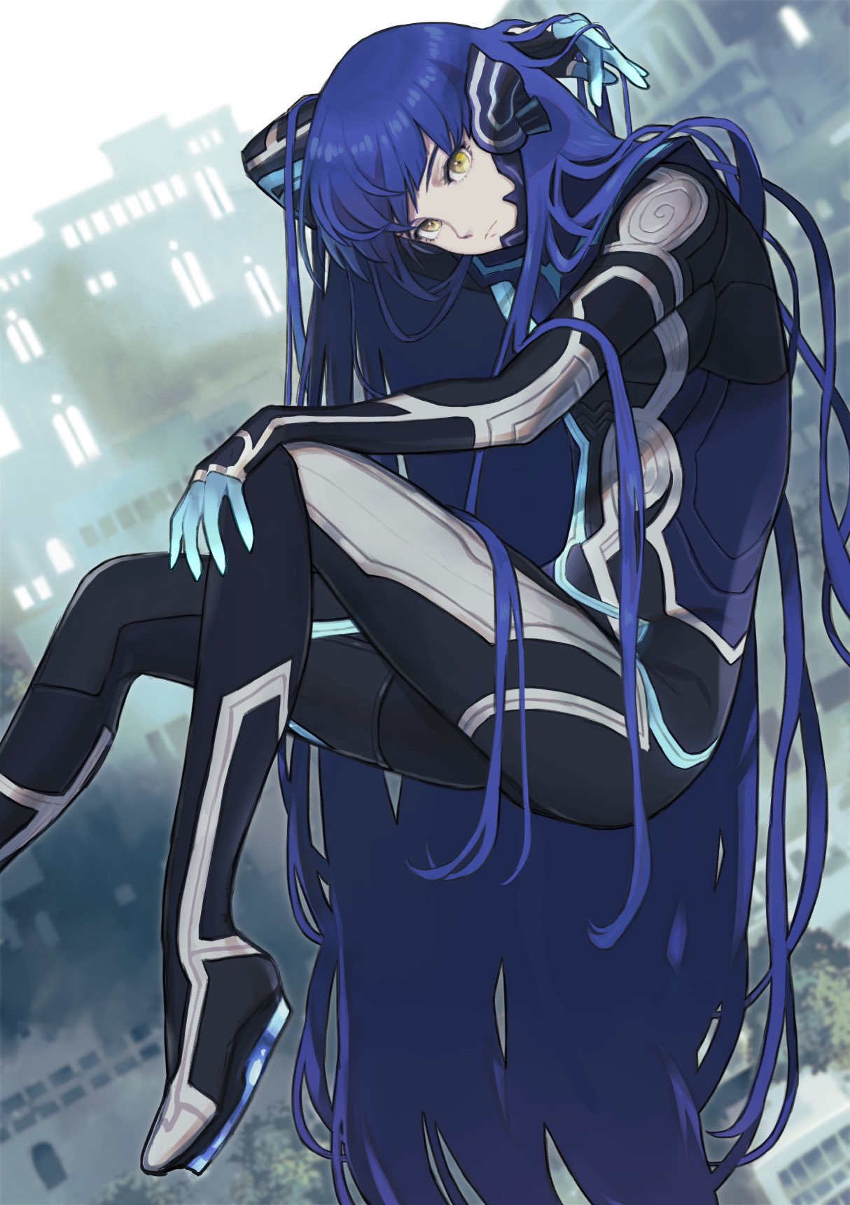 1boy androgynous arm_behind_head arm_up bangs blue_bodysuit blue_hair blurry blurry_background bodysuit closed_mouth donbee937 eyelashes foot_out_of_frame full_body hand_on_own_knee head_tilt highres invisible_chair legs long_hair male_focus protagonist_(smtv) shadow shin_megami_tensei shin_megami_tensei_v shiny shiny_hair sitting very_long_hair yellow_eyes