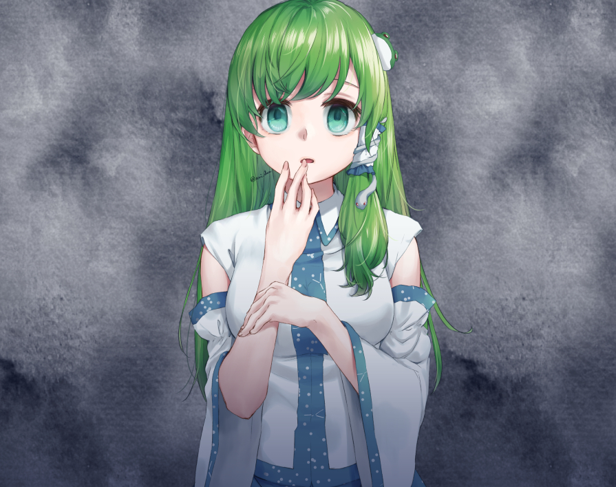 1girl ari_don bangs bare_shoulders breasts detached_sleeves empty_eyes eyebrows_behind_hair frog_hair_ornament green_eyes green_hair grey_background hair_ornament hair_tubes hand_to_own_mouth kochiya_sanae long_hair looking_at_viewer open_mouth shirt simple_background snake_hair_ornament solo swept_bangs touhou upper_body white_shirt wide_sleeves