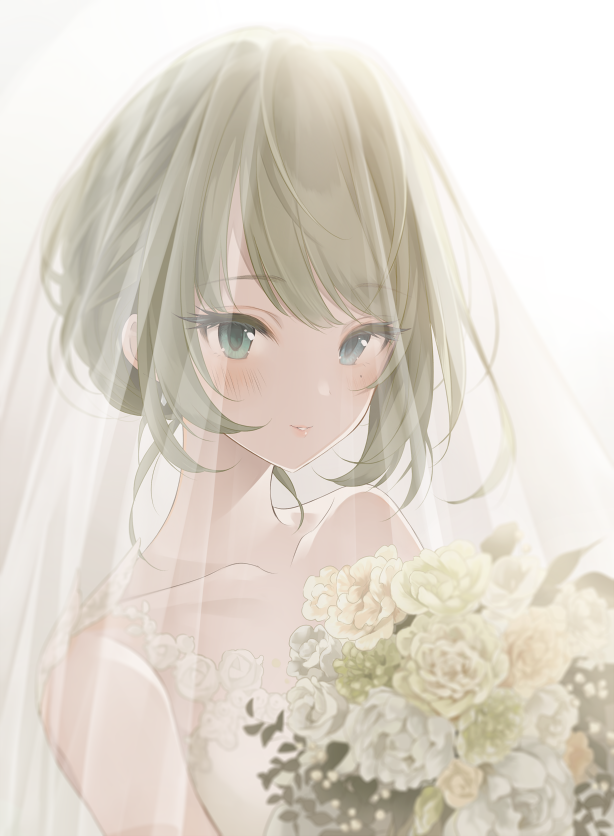 1girl blush bouquet bridal_veil bride collarbone dress green_hair idolmaster idolmaster_cinderella_girls light_smile looking_at_viewer mole mole_under_eye q-v_(levia) sleeveless sleeveless_dress solo takagaki_kaede upper_body veil veil_over_eyes