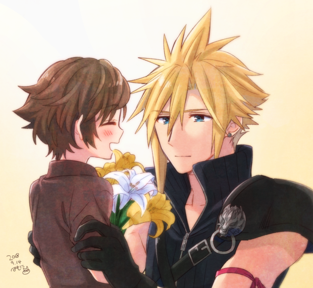 2boys arm_ribbon armor asymmetrical_hair black_gloves black_shirt blonde_hair blue_eyes bouquet brown_hair brown_shirt child closed_eyes cloud_strife denzel earrings final_fantasy final_fantasy_vii final_fantasy_vii_advent_children flower gloves hands_on_another's_shoulders high_collar holding holding_bouquet jewelry krudears multiple_boys open_collar ribbon shirt short_hair shoulder_armor single_earring spiky_hair suspenders upper_body wavy_hair white_flower yellow_background yellow_flower