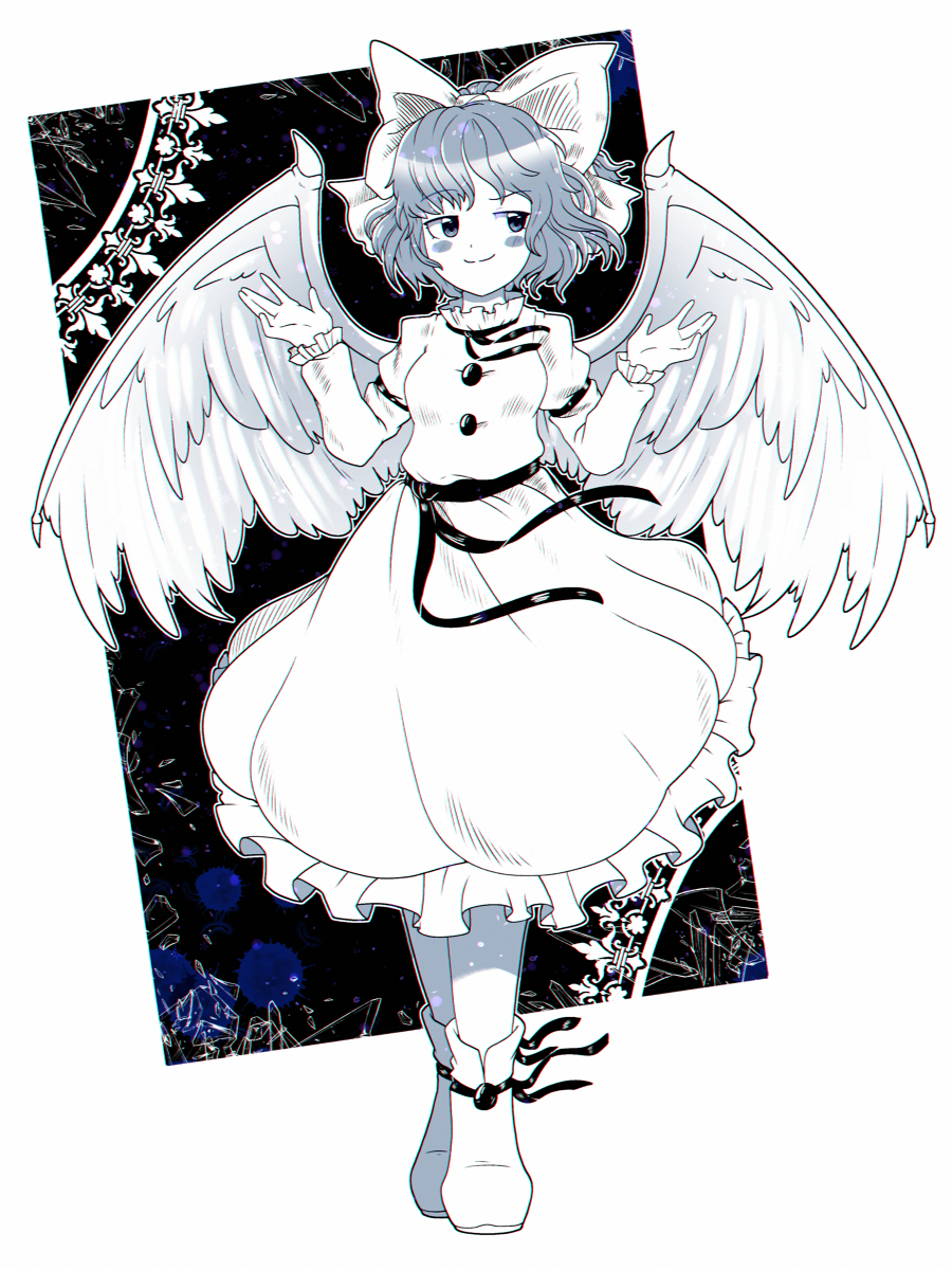 1girl angel_wings bangs black_ribbon black_sash blue_eyes blue_hair blush bow breasts buttons closed_mouth commentary_request dress dungeon_toaster eyebrows_visible_through_hair feathered_wings footwear_ribbon frilled_dress frilled_sleeves frills full_body hair_bow happy highres juliet_sleeves limited_palette long_sleeves mai_(touhou) puffy_sleeves ribbon sash short_hair sleeve_garter small_breasts smile standing touhou touhou_(pc-98) white_bow white_dress white_footwear white_wings wings
