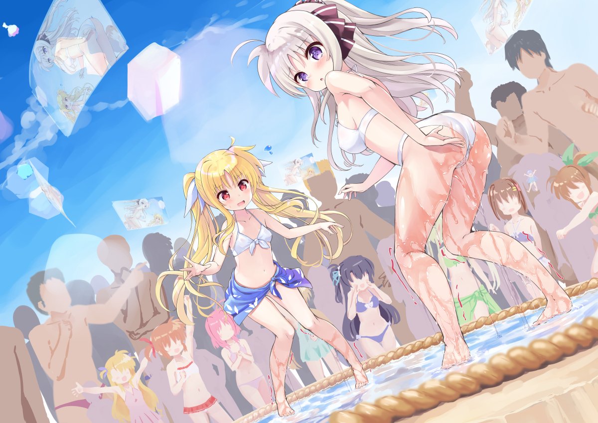 6+boys 6+girls ahoge arm_up arms_up ass barefoot bikini black_hair blonde_hair blue_bikini blue_sarong blush breasts brown_hair caro_ru_lushe character_request clouds faceless faceless_female faceless_male fate_testarossa fuuka_reventon green_bikini green_sarong hand_to_own_mouth hands_on_own_chest holographic_monitor leaning_forward legs long_hair looking_at_viewer lotion lyrical_nanoha mahou_shoujo_lyrical_nanoha male_swimwear medium_breasts minigirl multiple_boys multiple_girls navel one-piece_swimsuit open_mouth outdoors outstretched_arms own_hands_together pink_bikini pink_hair pink_skirt pink_swimsuit ponytail purple_bikini red_eyes reinforce_zwei ribbon rinne_berlinetta sarong short_hair shouting side_ponytail silver_hair skirt sky small_breasts smile sumo swim_trunks swimsuit swimsuit_skirt takamachi_nanoha tenjou_ryuka thighs trembling twintails two_side_up very_long_hair violet_eyes vivid_strike! vivio white_bikini white_swimsuit yagami_hayate