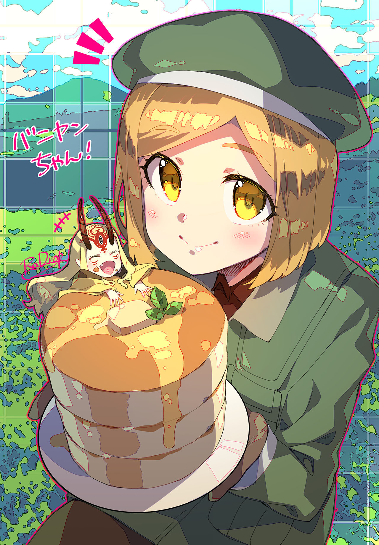 2girls bangs beret blonde_hair blue_sky blush breasts brown_gloves brown_legwear coat fate/grand_order fate_(series) food giant giantess gloves green_coat green_headwear hat highres ibaraki_douji_(fate) long_sleeves looking_at_viewer multiple_girls open_mouth oversized_food pancake pantyhose parted_bangs paul_bunyan_(fate) redrop short_hair sky small_breasts smile translation_request yellow_eyes