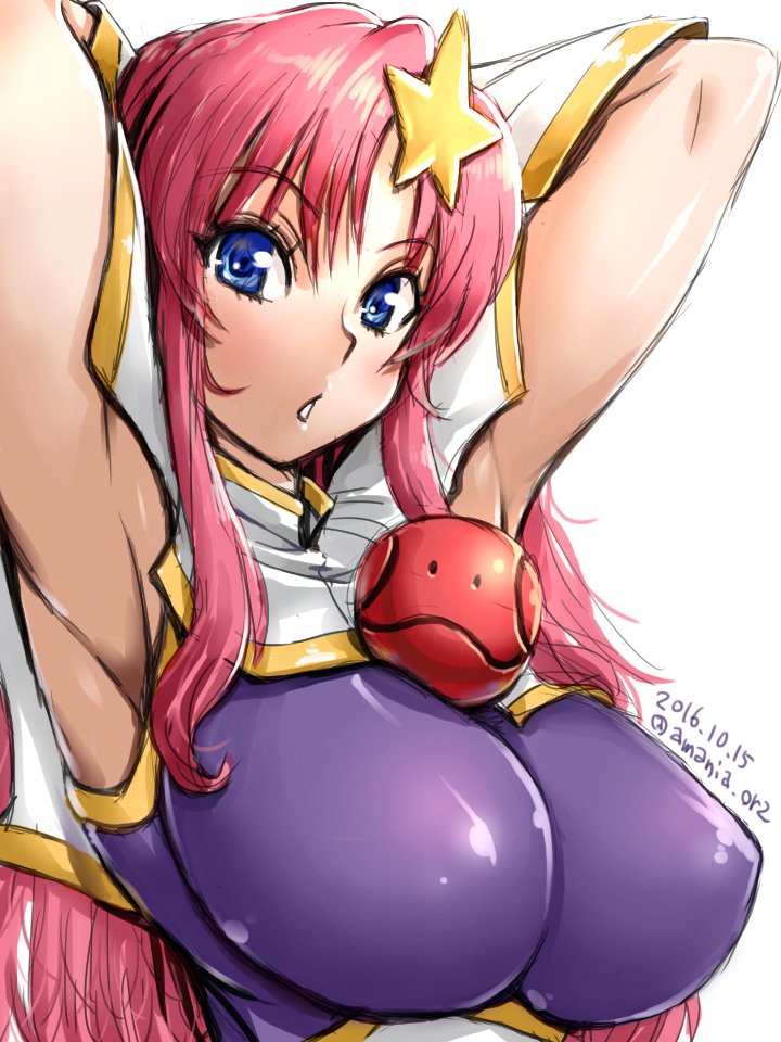 1girl amania_orz armpits blue_eyes breasts dated gloves gundam gundam_seed gundam_seed_destiny hair_ornament haro large_breasts long_hair looking_at_viewer meer_campbell open_mouth pink_hair shiny simple_background solo star_(symbol) star_hair_ornament twitter_username white_background white_gloves