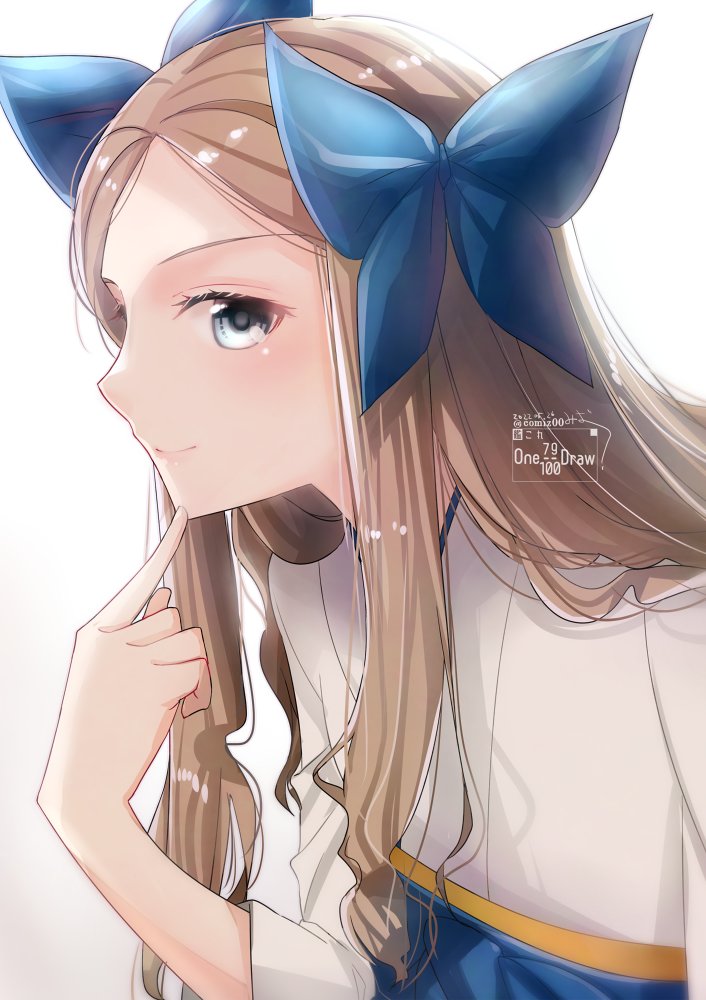 1girl asakaze_(kancolle) bangs blue_eyes eyebrows_visible_through_hair forehead furisode hair_between_eyes hair_ribbon hakama hakama_skirt japanese_clothes kantai_collection kimono kimura_shiki light_brown_hair lips long_hair looking_at_viewer looking_to_the_side meiji_schoolgirl_uniform parted_bangs ribbon sidelocks signature skirt smile solo twitter_username upper_body wavy_hair