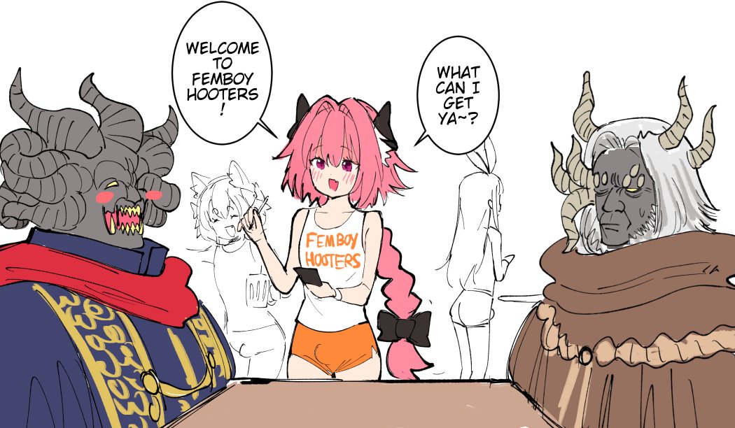 5boys animal_ears astolfo_(fate) bangs blend_s blue_robe blush blush_stickers brothers brown_robe bulge cat_ears closed_mouth collarbone colored_skin commentary crossover elden_ring english_commentary eyebrows_visible_through_hair fate/apocrypha fate/grand_order fate_(series) felix_argyle femboy_hooters grey_skin hair_between_eyes hairband hooters horns kanzaki_hideri looking_at_another male_focus mohg_lord_of_blood morgott_the_omen_king multiple_boys multiple_horns one_eye_closed one_eye_covered open_mouth orange_shorts otoko_no_ko pink_eyes pink_hair re:zero_kara_hajimeru_isekai_seikatsu red_scarf robe scarf sharp_teeth shirt short_hair short_shorts shorts siblings sitting smile speech_bubble sweatdrop table teeth twins voc white_background white_hair white_shirt yellow_eyes