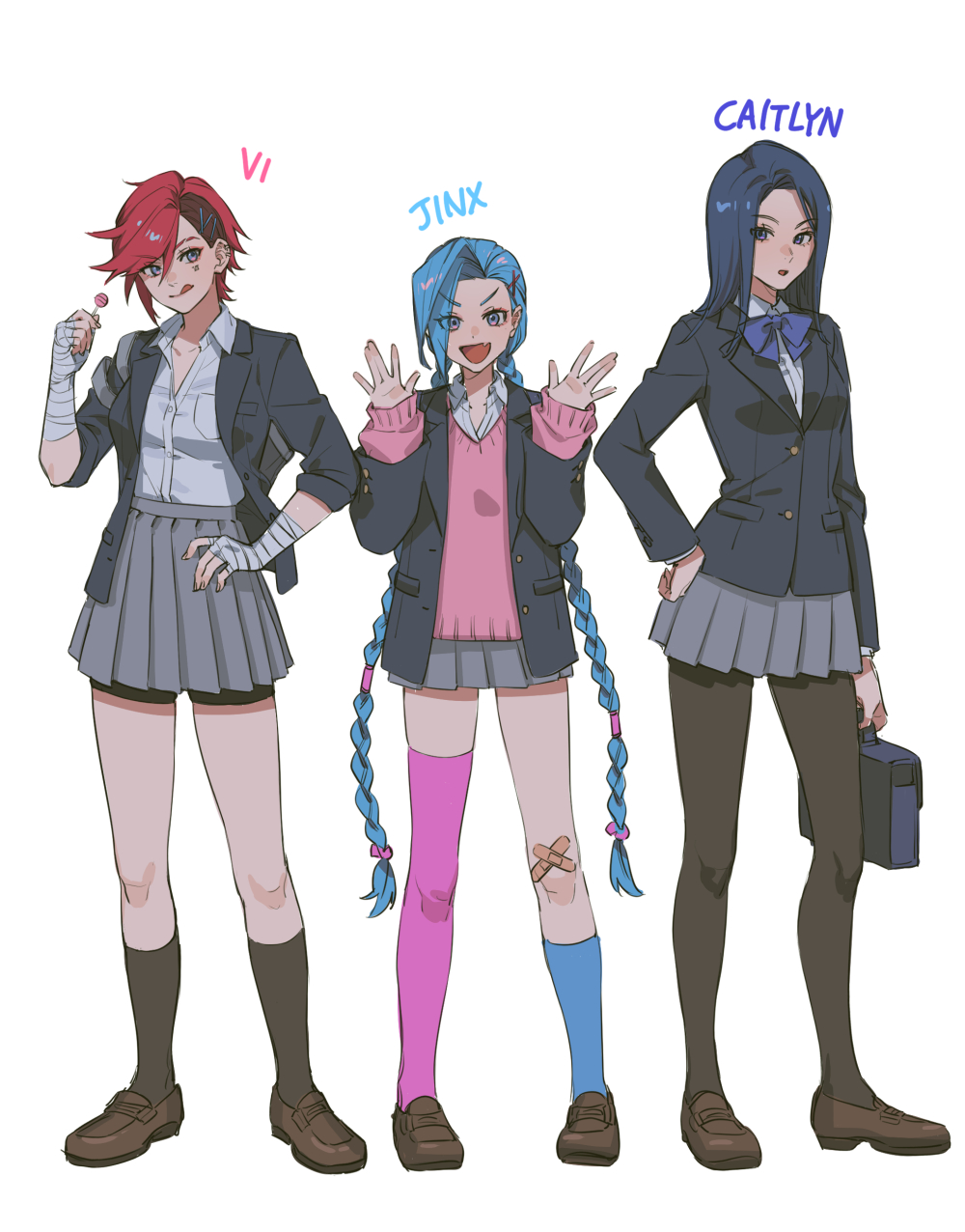 3girls :d :o alternate_costume asymmetrical_bangs asymmetrical_legwear bag bandaged_arm bandages bangs black_hair black_jacket blue_bow blue_bowtie blue_hair blue_legwear bow bowtie braid breast_pocket brown_footwear brown_legwear caitlyn_(league_of_legends) candy character_name fang food full_body grey_skirt hair_ornament hand_on_hip highres holding holding_bag holding_candy holding_food holding_lollipop jacket jinx_(league_of_legends) kneehighs league_of_legends lollipop long_hair long_sleeves miniskirt mismatched_legwear multiple_girls noriuma open_clothes open_jacket open_mouth pink_legwear pink_sweater pocket school_uniform shirt_tucked_in skirt smile standing sweater tongue tongue_out twin_braids twintails vi_(league_of_legends) x_hair_ornament