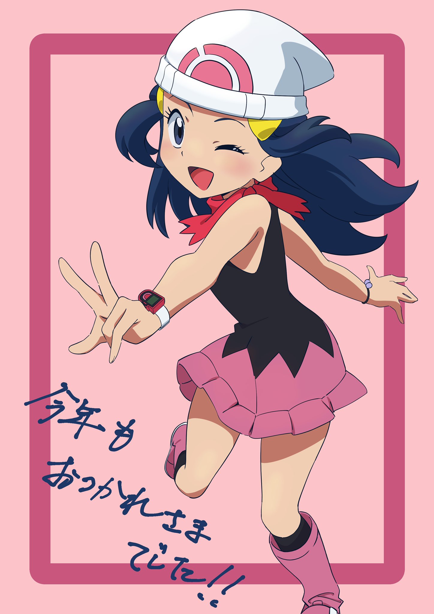 1girl ;d beanie black_hair black_legwear black_shirt blush boots bracelet commentary_request eyelashes framed grey_eyes hair_ornament hairclip hat highres hikari_(pokemon) jewelry kneehighs leg_up long_hair looking_at_viewer one_eye_closed open_mouth pink_background poke_ball_print pokemon pokemon_(anime) pokemon_dppt_(anime) poketch purple_footwear purple_skirt red_scarf scarf shirt skirt sleeveless sleeveless_shirt smile solo tongue translation_request watch watch white_headwear yusuke_oshida