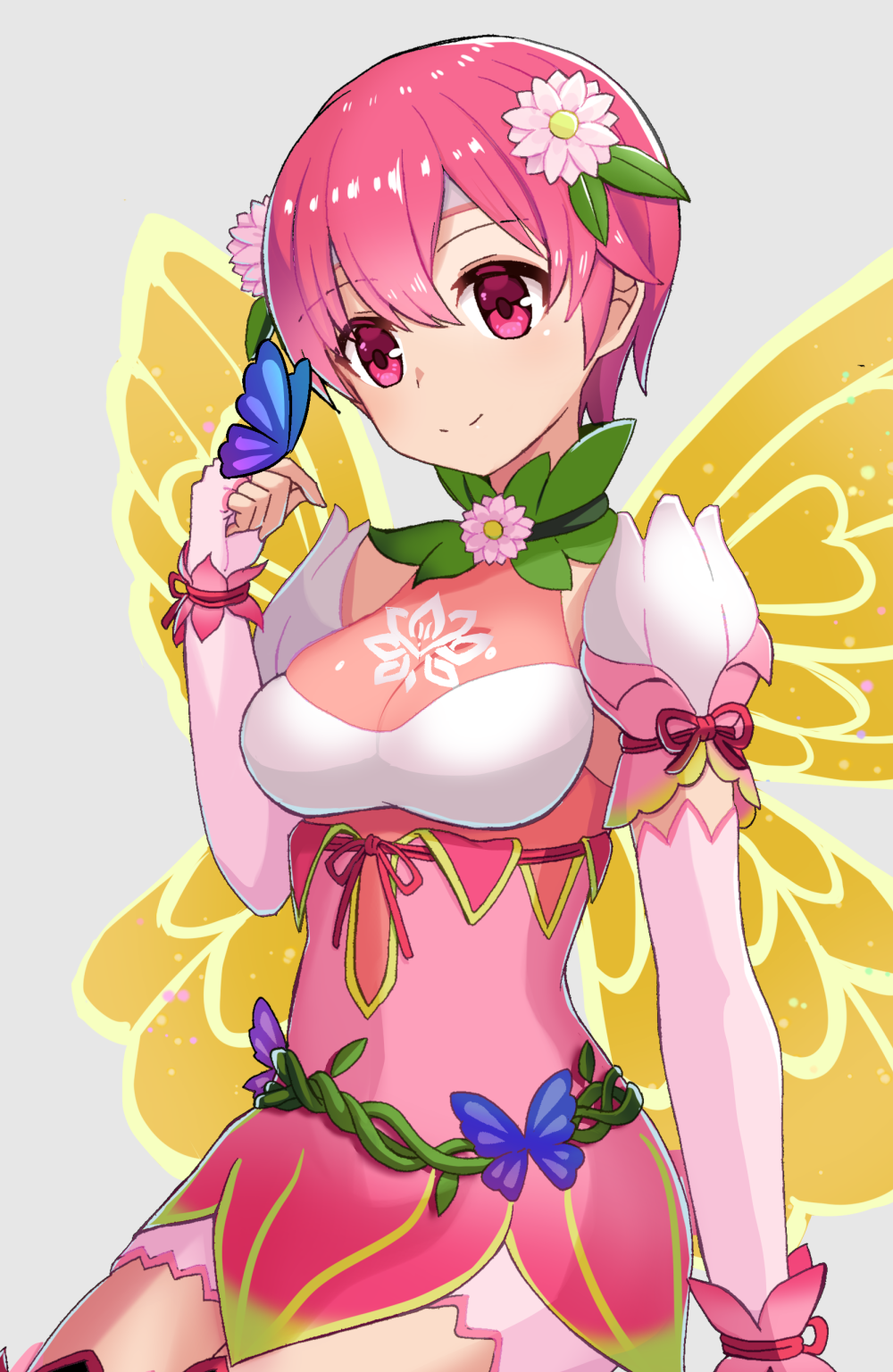 bangs breasts bug butterfly butterfly_on_hand detached_collar dress elbow_gloves est_(fire_emblem) eyebrows_visible_through_hair fairy_wings fake_wings fingerless_gloves fire_emblem fire_emblem:_mystery_of_the_emblem fire_emblem:_shadow_dragon fire_emblem_heroes flower gloves hair_flower hair_ornament headband highres official_alternate_costume pink_dress pink_eyes pink_hair shira_yu_ki short_hair smile white_headband wings