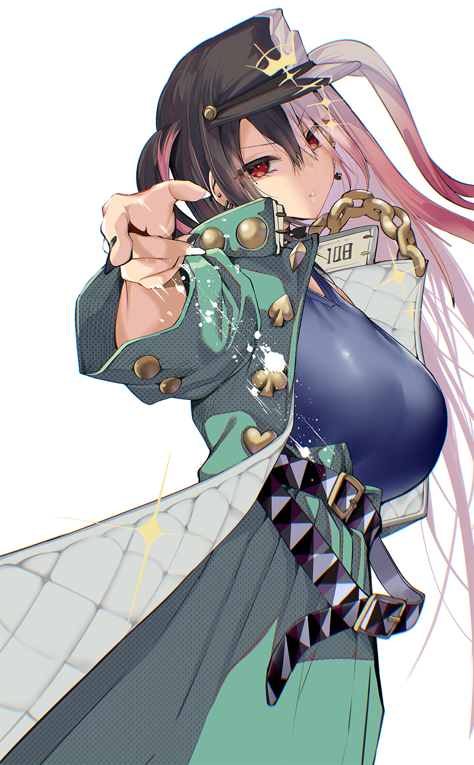 1girl bare_shoulders belt black_hair black_headwear black_nails chain coat cosplay ear_piercing earrings eyebrows_visible_through_hair eyes_visible_through_hair fingernails green_coat grey_hair hair_between_eyes highres jewelry jojo_no_kimyou_na_bouken jojo_pose kujo_jotaro kujo_jotaro_(cosplay) long_fingernails long_hair mole mole_under_eye multicolored_clothes multicolored_hair multicolored_headwear open_clothes open_coat original padded_coat paint_splatter parted_lips piercing pink_hair pointing pose red_eyes satou_daiji simple_background single_bare_shoulder solo sparkle streaked_hair towa_(towa_akqj10) twintails virtual_youtuber white_background white_headwear white_nails