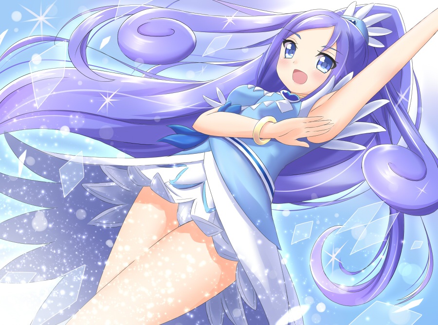 1girl argyle argyle_background arm_up armpits blue_background blue_dress blue_hair bracelet breasts brooch choker cowboy_shot cure_diamond diamond_(shape) dokidoki!_precure dress forehead heart_brooch jewelry long_hair open_mouth panties pantyshot precure puffy_short_sleeves puffy_sleeves short_sleeves small_breasts smile sparkle_background tamago_kago tiara underwear yellow_choker