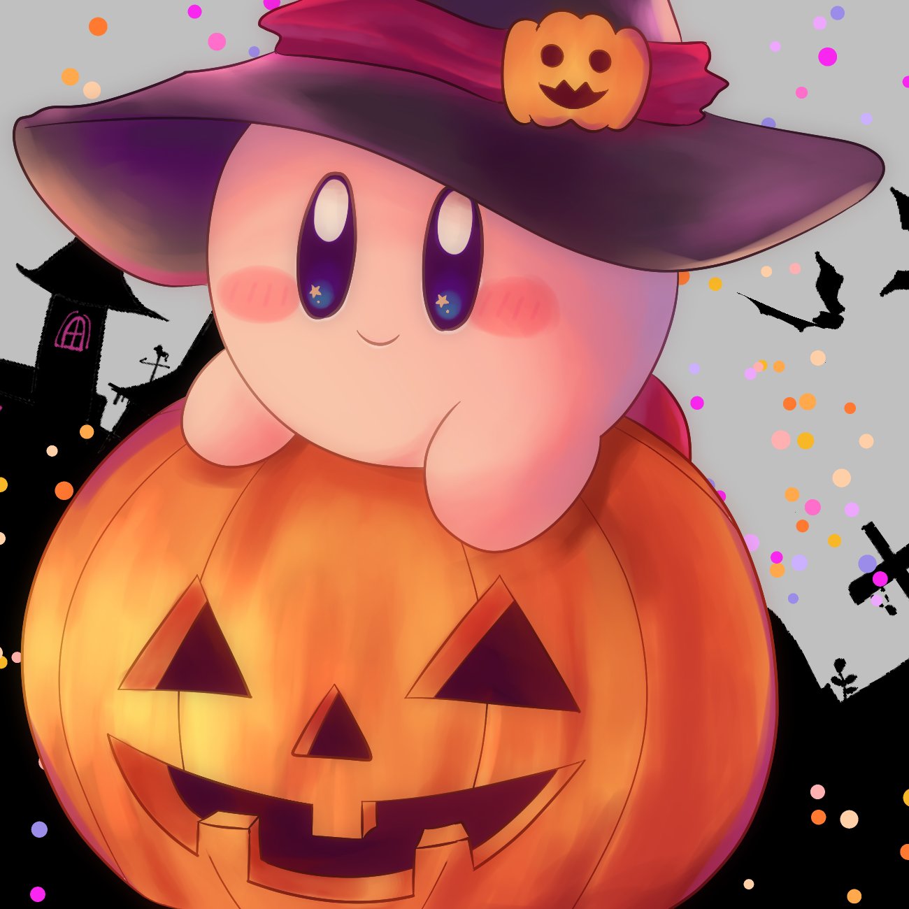 bat blue_eyes closed_mouth commentary food-themed_hair_ornament hair_ornament halloween highres house kirby kirby_(series) large_hat no_humans pumpkin pumpkin_hair_ornament smile sparkle tombstone vul3hl0smteyk1z