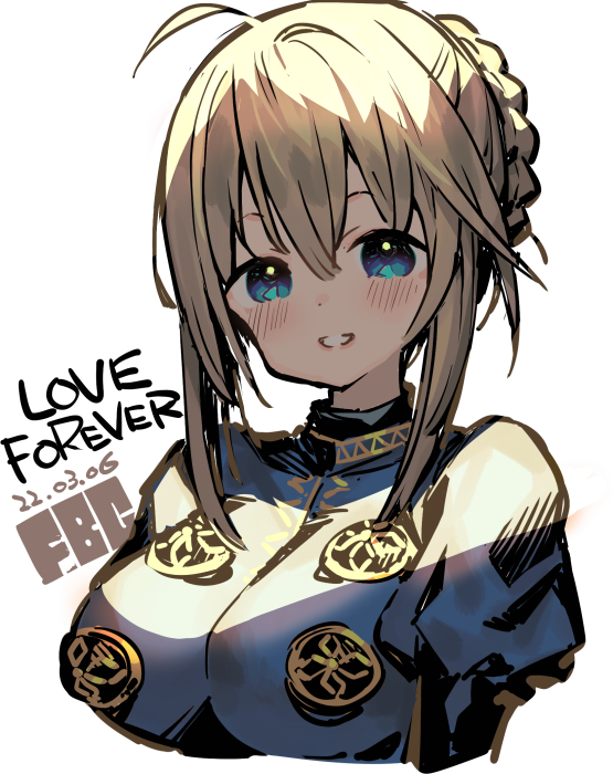1girl ahoge artoria_pendragon_(fate) blonde_hair blue_eyes blush braid dated english_text fate_(series) fbc grey_background hair_between_eyes looking_at_viewer medium_hair parted_lips puffy_sleeves saber signature simple_background smile solo turtleneck upper_body