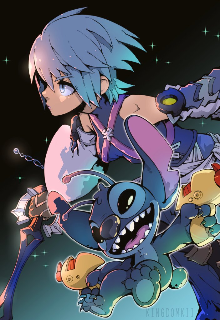 1girl antennae aqua_(kingdom_hearts) blue_eyes blue_hair breasts brown_gloves dual_wielding elbow_gloves energy_gun english_commentary eyebrows_visible_through_hair gloves gun hair_behind_ear holding holding_gun holding_weapon keyblade kii_(kingdomkii) kingdom_hearts kingdom_hearts_birth_by_sleep leaning_forward lilo_&amp;_stitch medium_breasts ray_gun sharp_teeth short_hair solo_focus stitch_(lilo_&amp;_stitch) teeth weapon wide_sleeves