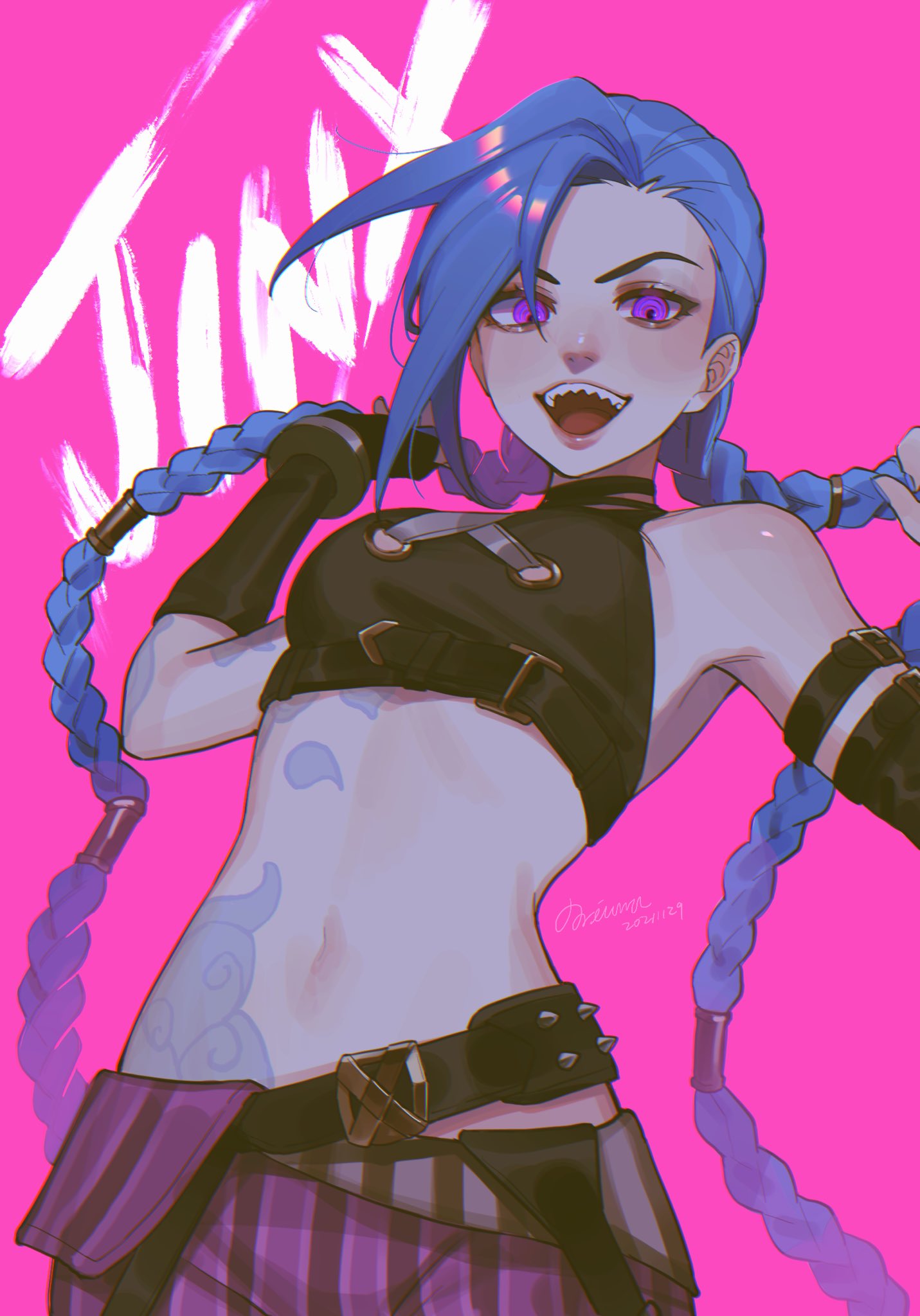 1girl :d arcane:_league_of_legends arcane_jinx arm_tattoo asymmetrical_bangs bangs bare_shoulders blue_hair braid breasts character_name cloud_tattoo crop_top dated fingerless_gloves gloves highres jinx_(league_of_legends) league_of_legends long_hair looking_at_viewer navel noriuma open_mouth pants pink_background sharp_teeth shiny shiny_skin shoulder_tattoo smile solo striped striped_pants tattoo teeth twin_braids upper_teeth