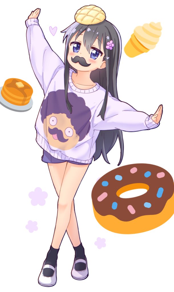 1girl arm_up bangs black_hair black_legwear blue_eyes blue_shorts blush bread butter commentary_request crossed_legs doughnut emoji eyebrows_visible_through_hair fake_facial_hair fake_mustache flower food food_on_head full_body hair_between_eyes hair_flower hair_ornament heart higero_(wataten) ice_cream jigatei_(omijin) long_hair long_sleeves looking_at_viewer object_on_head outstretched_arm pancake pink_flower print_sweater puffy_long_sleeves puffy_sleeves purple_sweater shirosaki_hana shoes short_shorts shorts simple_background sleeves_past_wrists socks soft_serve solo stack_of_pancakes standing sweater very_long_hair watashi_ni_tenshi_ga_maiorita! white_background white_footwear