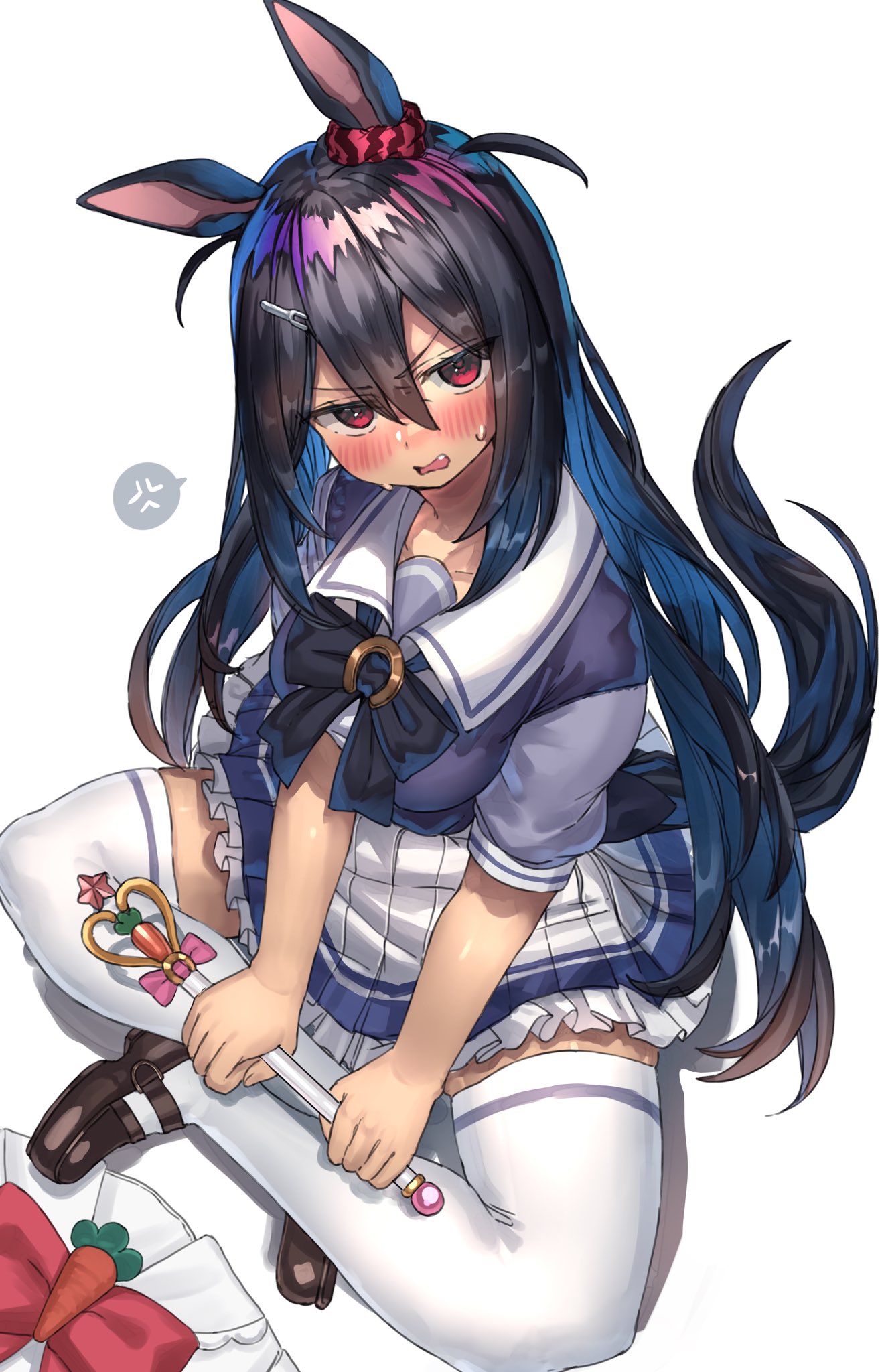1girl angry animal_ears black_hair black_tail blue_dress bow bowtie clothes_on_floor collarbone dress full_body hair_between_eyes highres hishi_amazon_(umamusume) holding holding_wand horse_ears horse_girl horse_tail indian_style loafers long_hair looking_at_viewer open_mouth pleated_dress ranf red_eyes scrunchie shoes short_sleeves simple_background sitting solo sweatdrop tail thigh-highs thighs umamusume wand white_background white_legwear